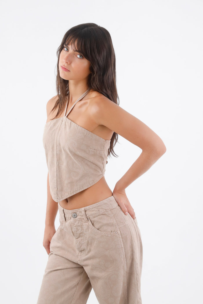 Beige Short Cotton Halter Top with Straps for Women