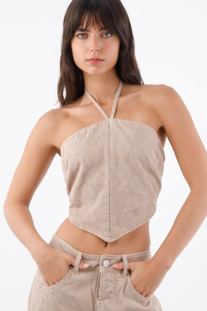Beige Short Cotton Halter Top with Straps for Women