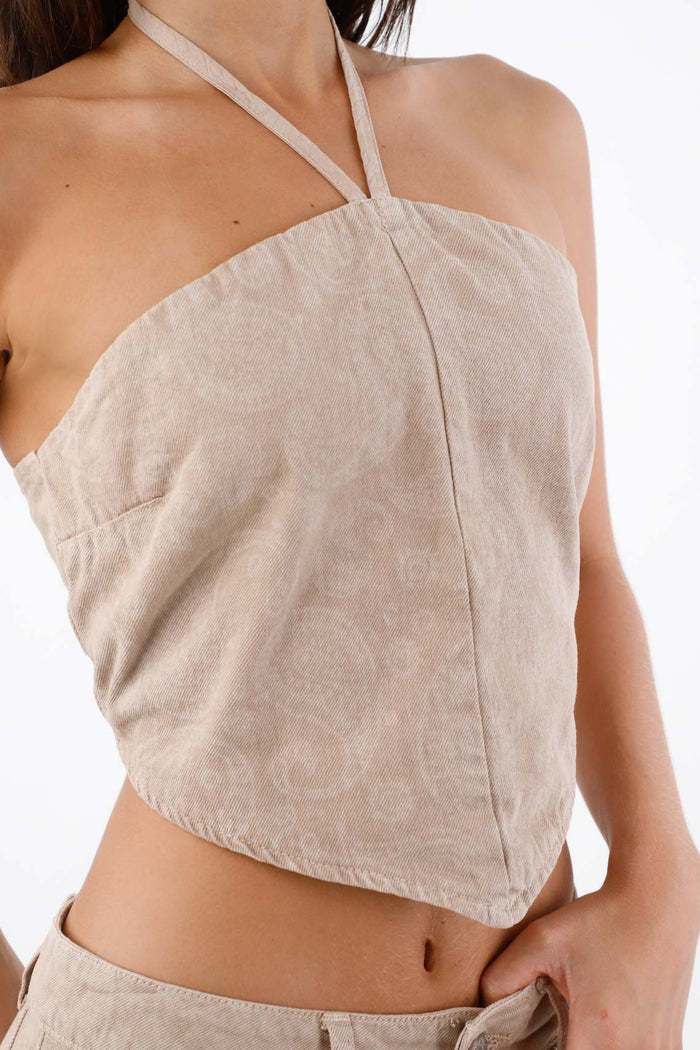 Beige Short Cotton Halter Top with Straps for Women
