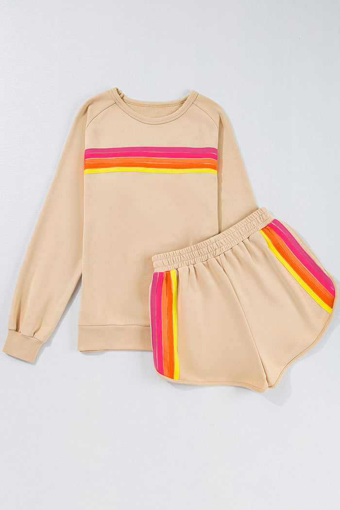 Beige Striped Accent Pullover and Shorts Two Piece Casual Set - Sets/Short Sets