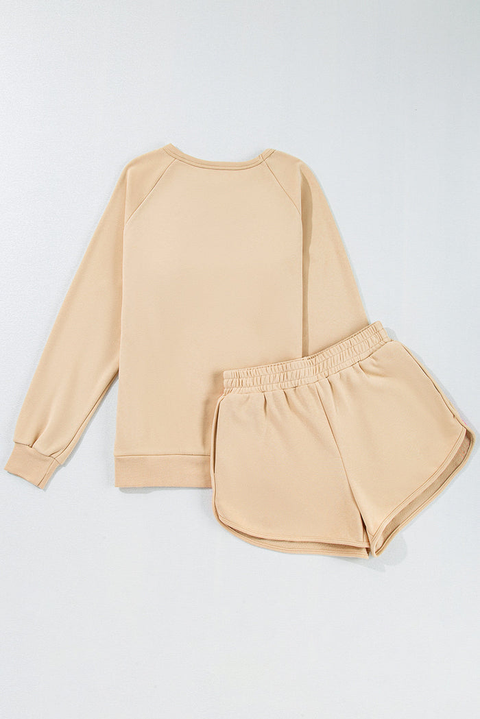 Beige Striped Accent Pullover and Shorts Two Piece Casual Set - Sets/Short Sets
