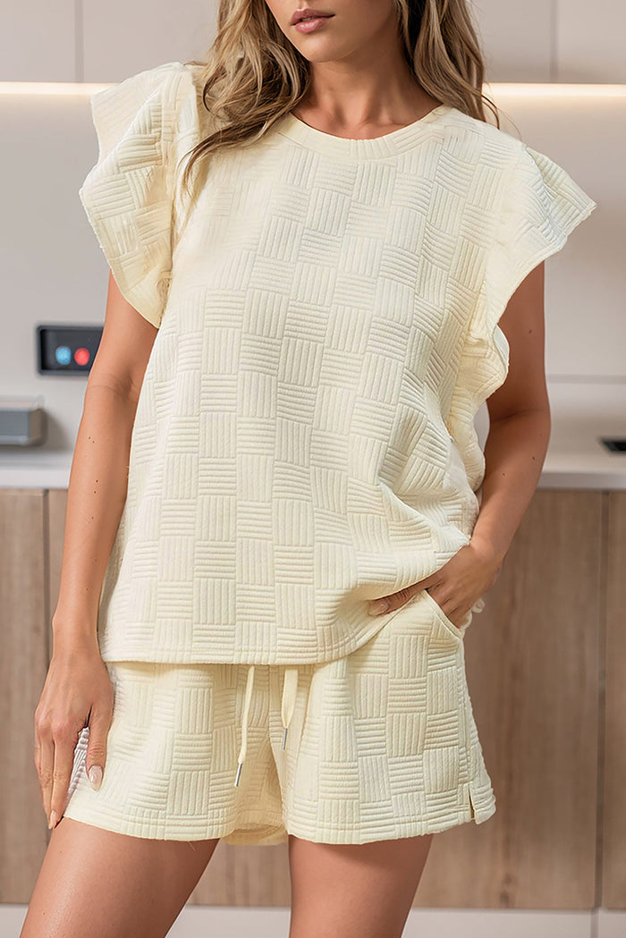 Beige Textured Ruffled Sleeve Tee and Drawstring Shorts Set - Two Piece Sets/Short Sets