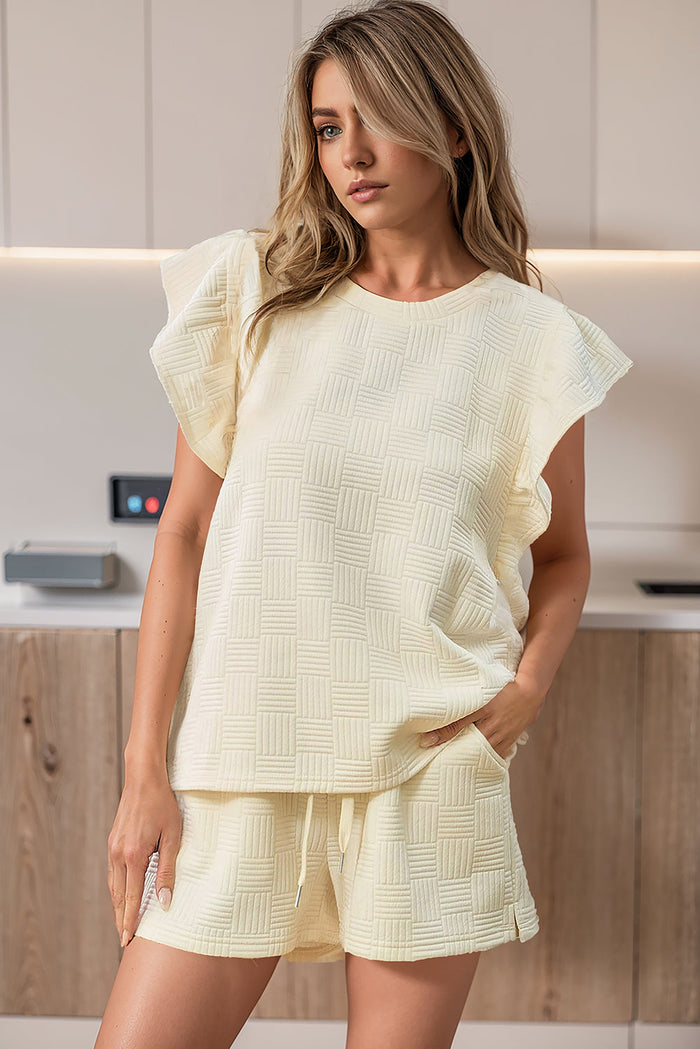 Beige Textured Ruffled Sleeve Tee and Drawstring Shorts Set - Two Piece Sets/Short Sets