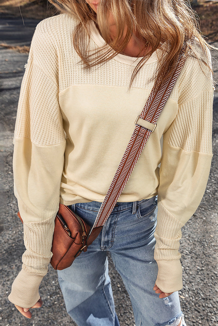 Beige Thermal Knit Patchwork Exposed Seam Long Sleeve Top - BEIGE / S / 60% COTTON + 35% POLYESTER + 5% ELASTANE
