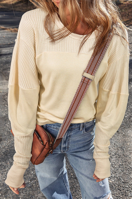 Beige Thermal Knit Patchwork Exposed Seam Long Sleeve Top - BEIGE / S / 60% COTTON + 35% POLYESTER + 5% ELASTANE