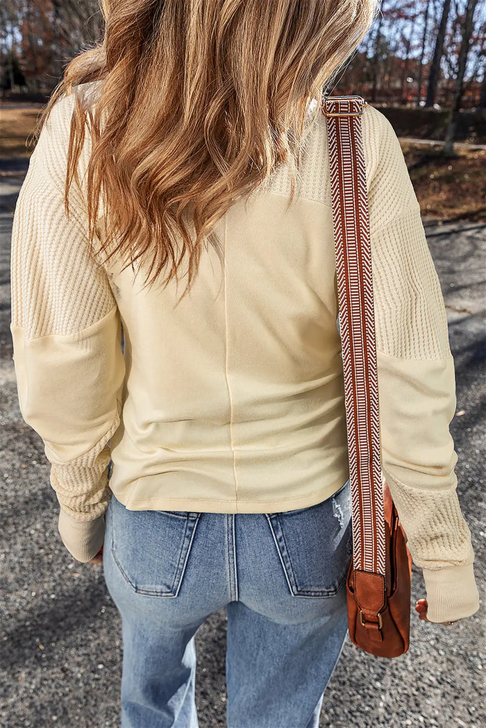 Beige Thermal Knit Patchwork Exposed Seam Long Sleeve Top - Tops/Long Tops