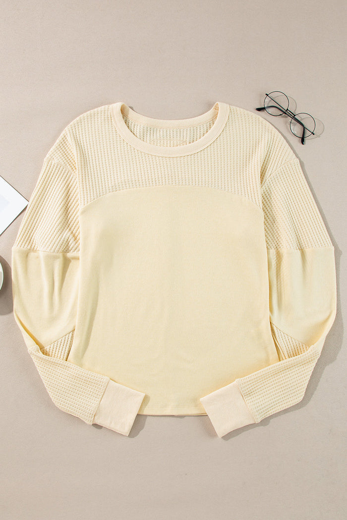 Beige Thermal Knit Patchwork Exposed Seam Long Sleeve Top - Tops/Long Tops