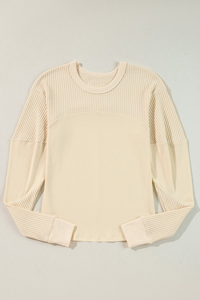 Beige Thermal Knit Patchwork Exposed Seam Long Sleeve Top - Tops/Long Tops