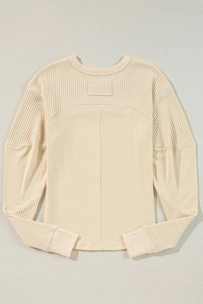 Beige Thermal Knit Patchwork Exposed Seam Long Sleeve Top - Tops/Long Tops