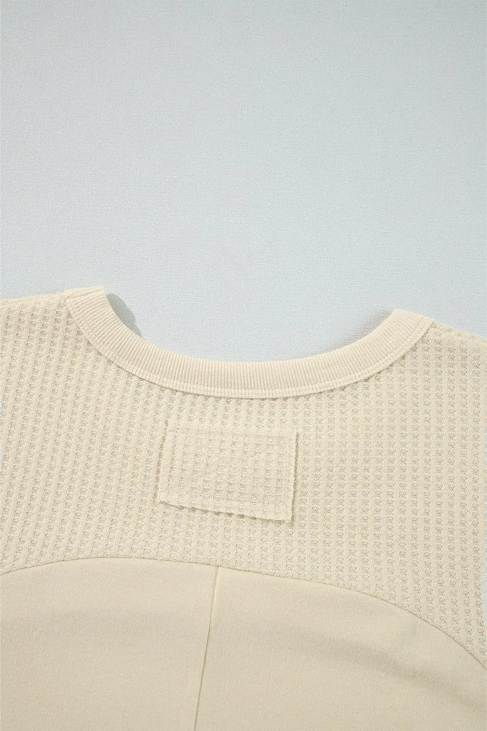 Beige Thermal Knit Patchwork Exposed Seam Long Sleeve Top - Tops/Long Tops