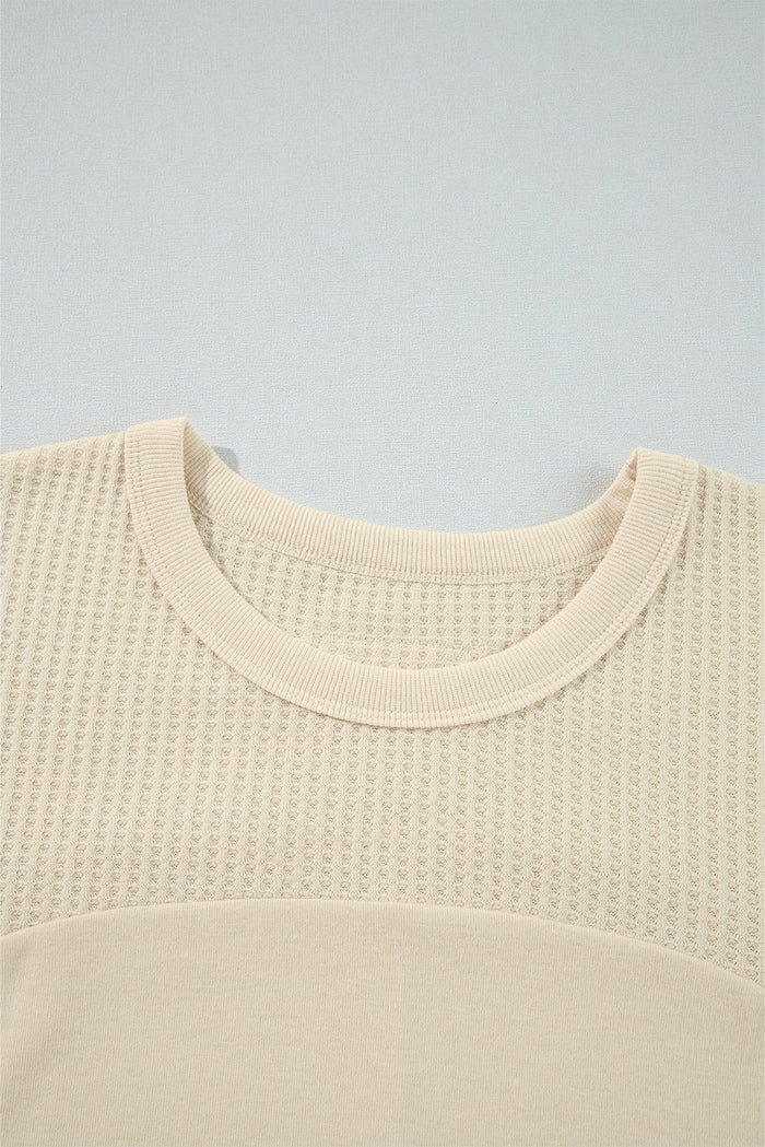 Beige Thermal Knit Patchwork Exposed Seam Long Sleeve Top - Tops/Long Tops