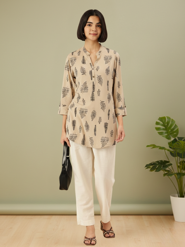 Beige Tropical Printed Mandarin Collar Tunic