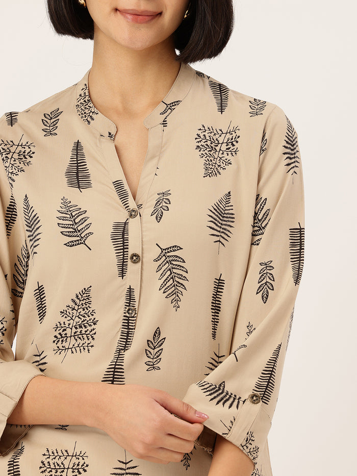 Beige Tropical Printed Mandarin Collar Tunic, beige short kurta, tropical printed short kurta, mandarin collar Tunic, tunic, women tunic, printed tunic
