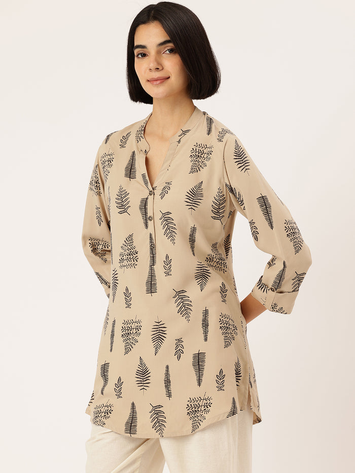 Beige Tropical Printed Mandarin Collar Tunic, beige short kurta, tropical printed short kurta, mandarin collar Tunic, tunic, women tunic, printed tunic