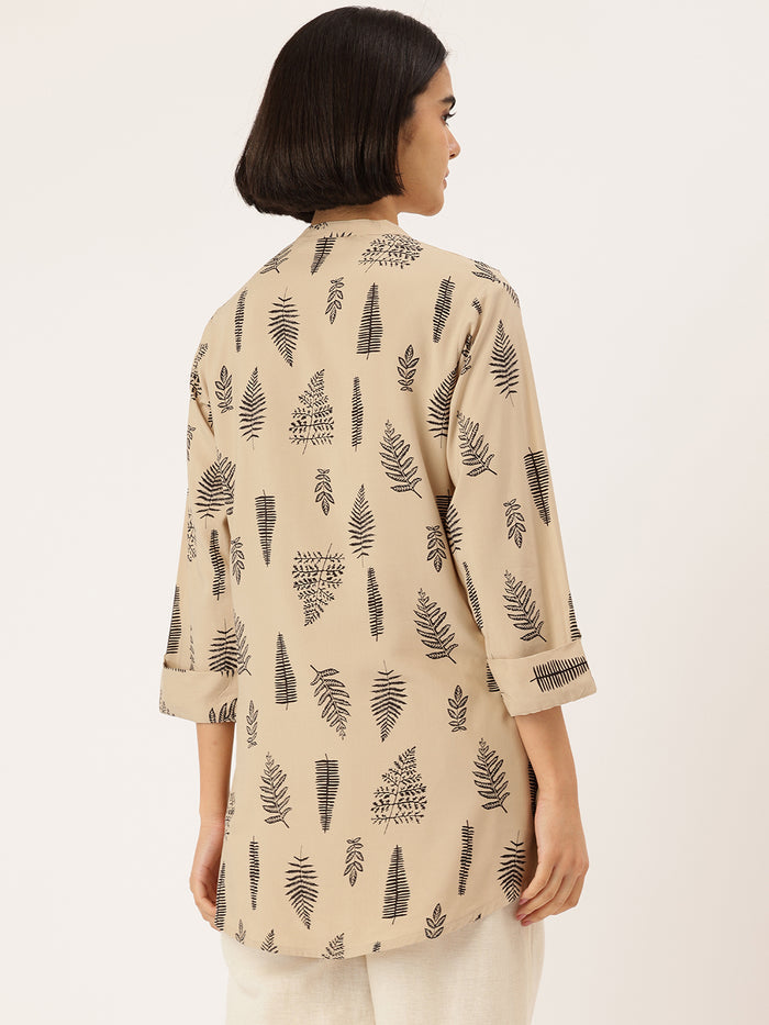 Beige Tropical Printed Mandarin Collar Tunic, beige short kurta, tropical printed short kurta, mandarin collar Tunic, tunic, women tunic, printed tunic