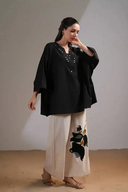 Black Bloom Embroidered Cotton Flex Co-ord Set