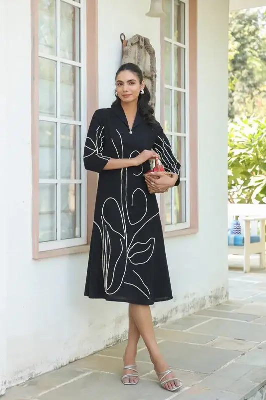 Black Botanical Line Art  Embroidered Cotton Dress