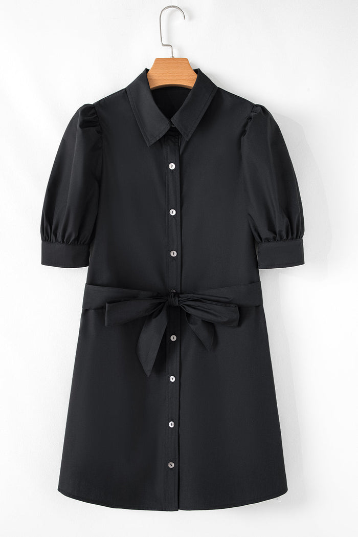 Black Button Up Tie Waist Puff Sleeve Mini Dress - Dresses/Mini Dresses