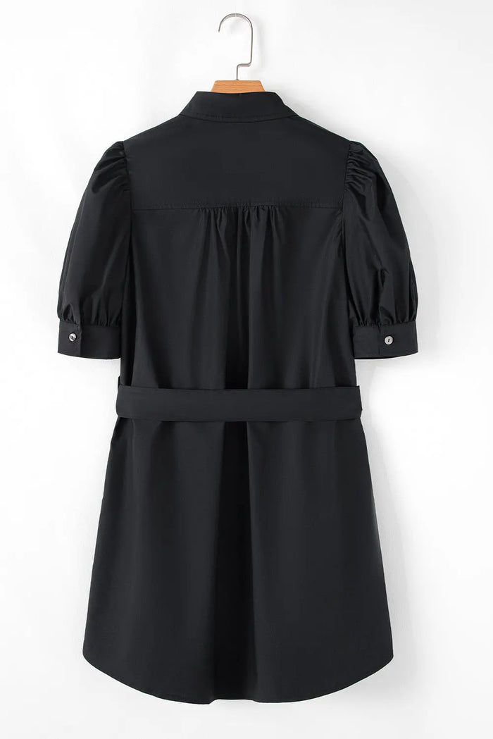 Black Button Up Tie Waist Puff Sleeve Mini Dress - Dresses/Mini Dresses