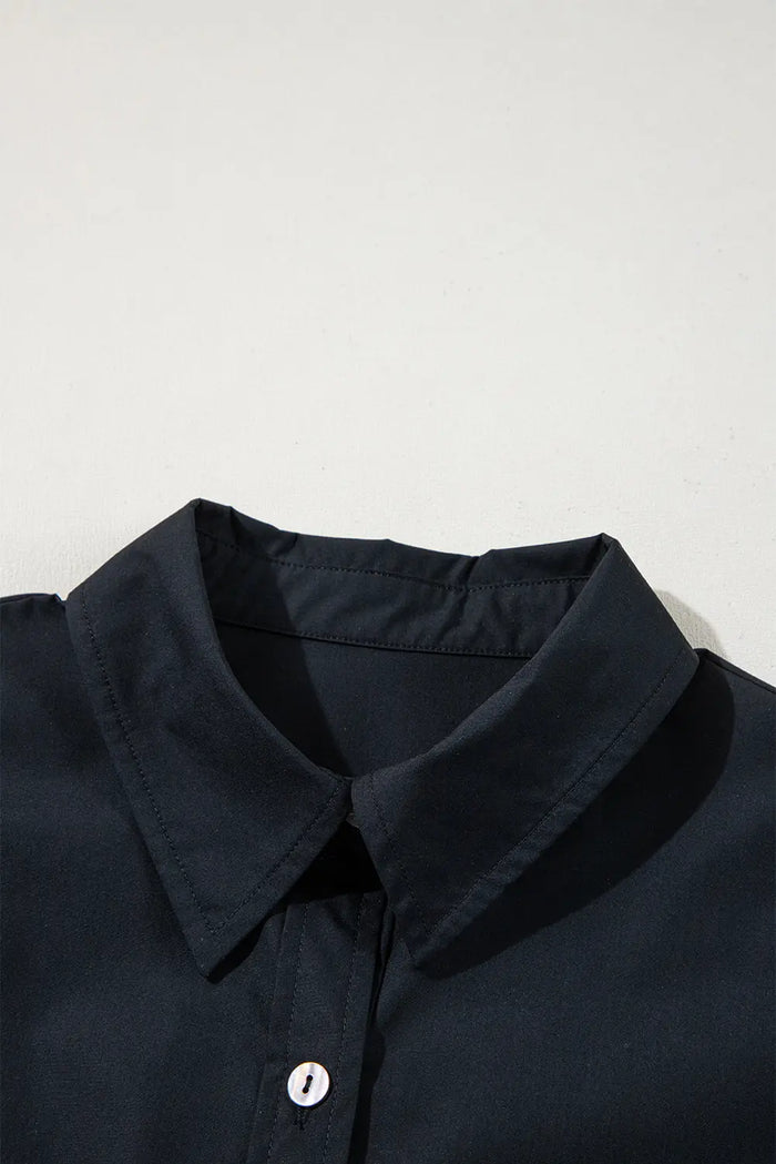 Black Button Up Tie Waist Puff Sleeve Mini Dress - Dresses/Mini Dresses