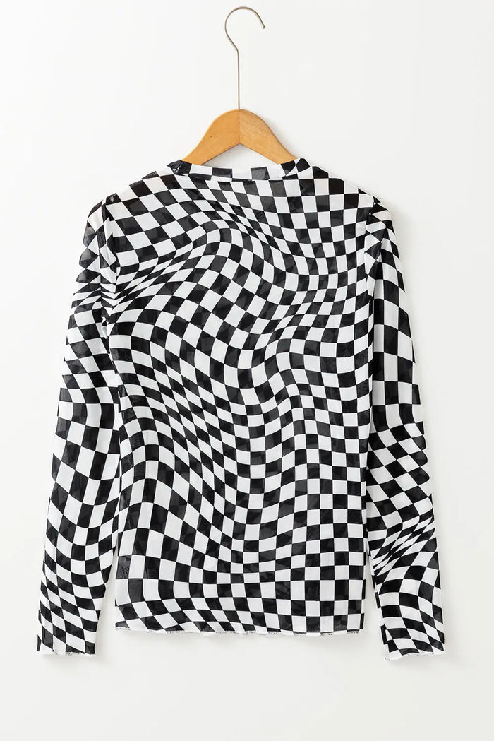Black Checkered Pattern Mesh Mock Neck Long Sleeve Top - Tops/Long Tops
