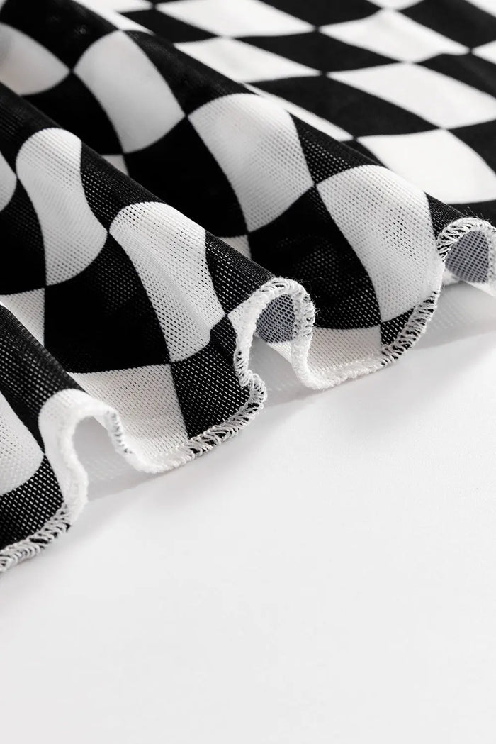 Black Checkered Pattern Mesh Mock Neck Long Sleeve Top - Tops/Long Tops