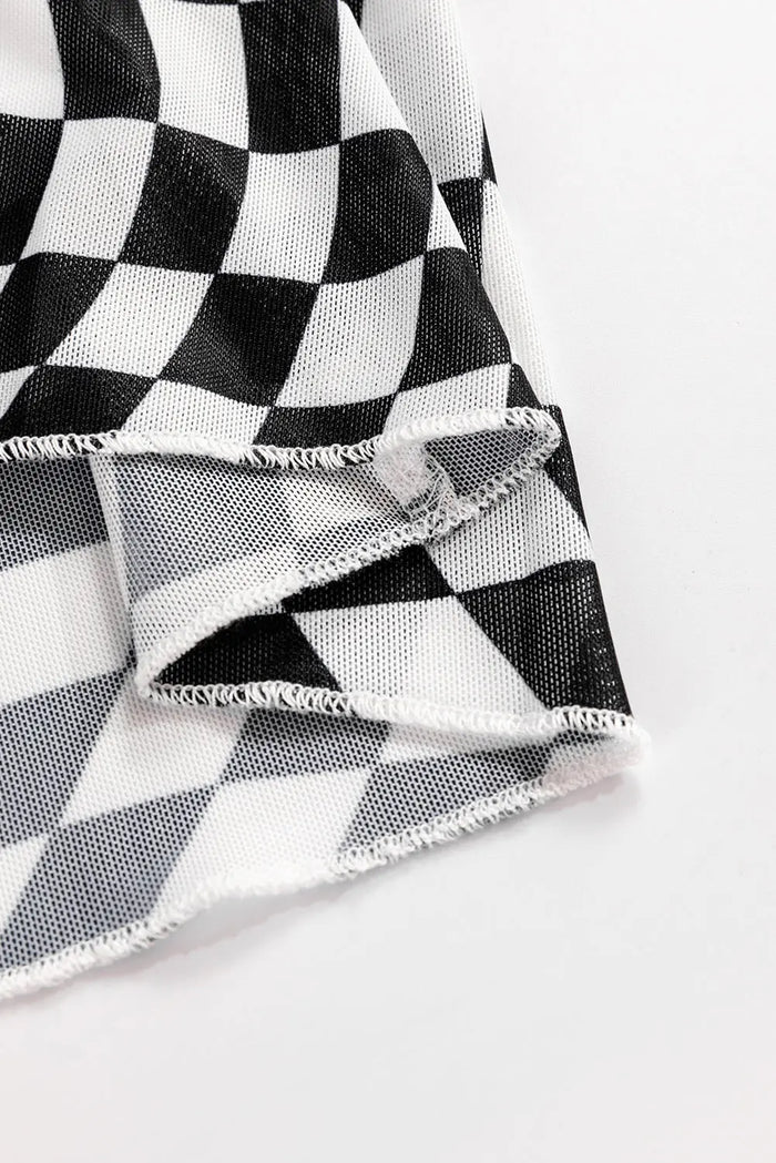Black Checkered Pattern Mesh Mock Neck Long Sleeve Top - Tops/Long Tops