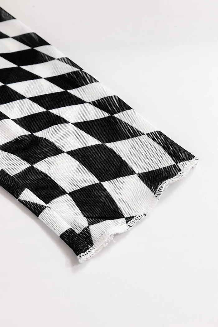 Black Checkered Pattern Mesh Mock Neck Long Sleeve Top - Tops/Long Tops