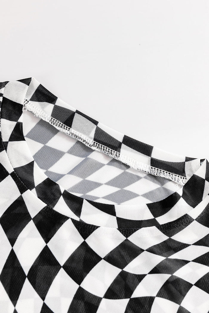 Black Checkered Pattern Mesh Mock Neck Long Sleeve Top - Tops/Long Tops