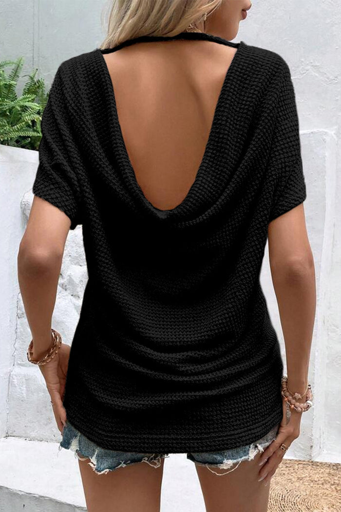 Black Draped Open Back Textured Tee - Tops/Tops & Tees