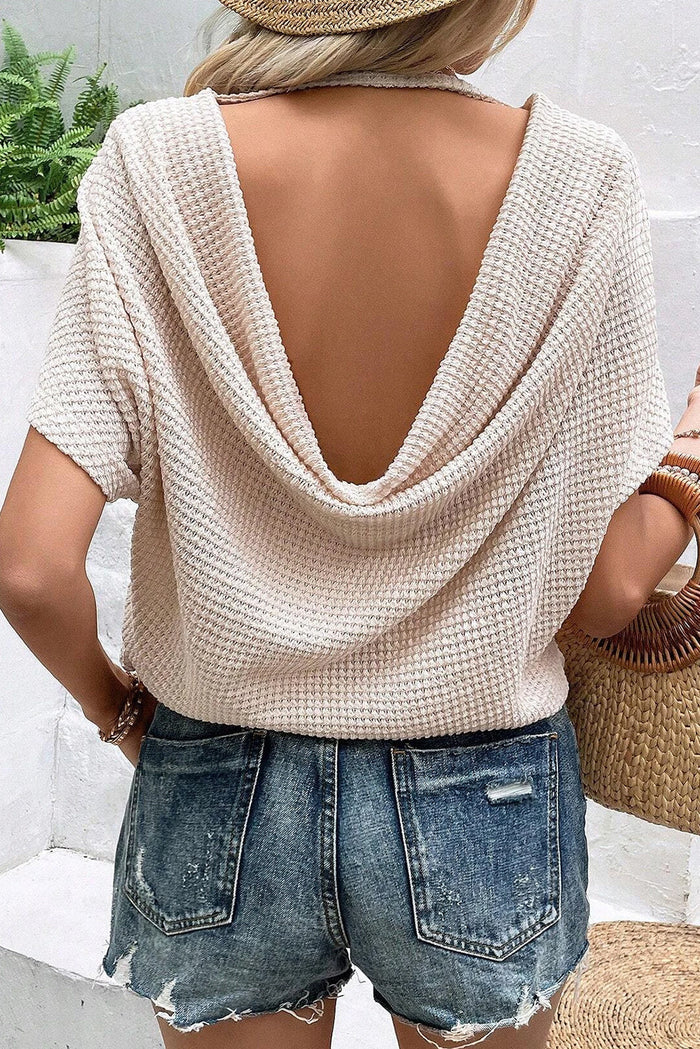 Black Draped Open Back Textured Tee - APRICOT / S / 67% POLYESTER + 30% VISCOSE + 3% ELASTANE - Tops/Tops & Tees