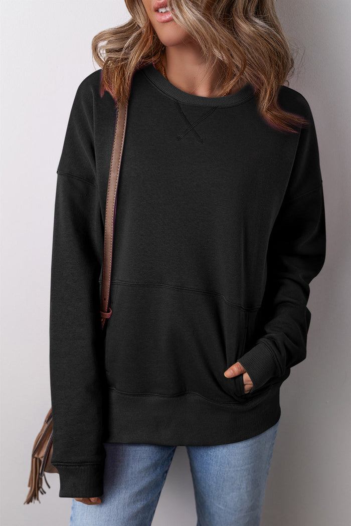 Black Drop Shoulder Crisscross Stitching Pocketed Loose Sweatshirt - BLACK / S / 50% POLYESTER + 50% COTTON