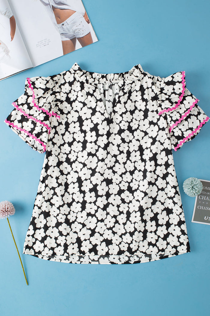 Black Floral Contrast Ric Rac Layered Ruffle Sleeve Blouse - Tops/Blouses & Shirts
