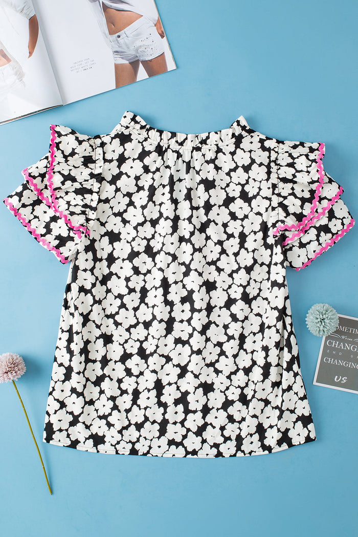Black Floral Contrast Ric Rac Layered Ruffle Sleeve Blouse - Tops/Blouses & Shirts