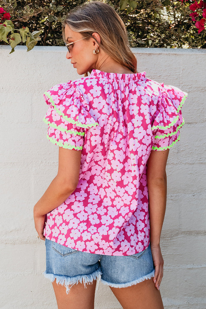 Black Floral Contrast Ric Rac Layered Ruffle Sleeve Blouse - Tops/Blouses & Shirts