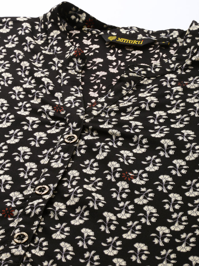 Black Floral Printed Mandarin Collar Tunic, Floral Printed Tunic, printed tunic, mandarin collar Tunic, casual wear Tunic, women’s tunic, Office Wear Tunic