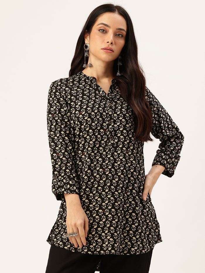 Black Floral Printed Mandarin Collar Tunic, Floral Printed Tunic, printed tunic, mandarin collar Tunic, casual wear Tunic, women’s tunic, Office Wear Tunic