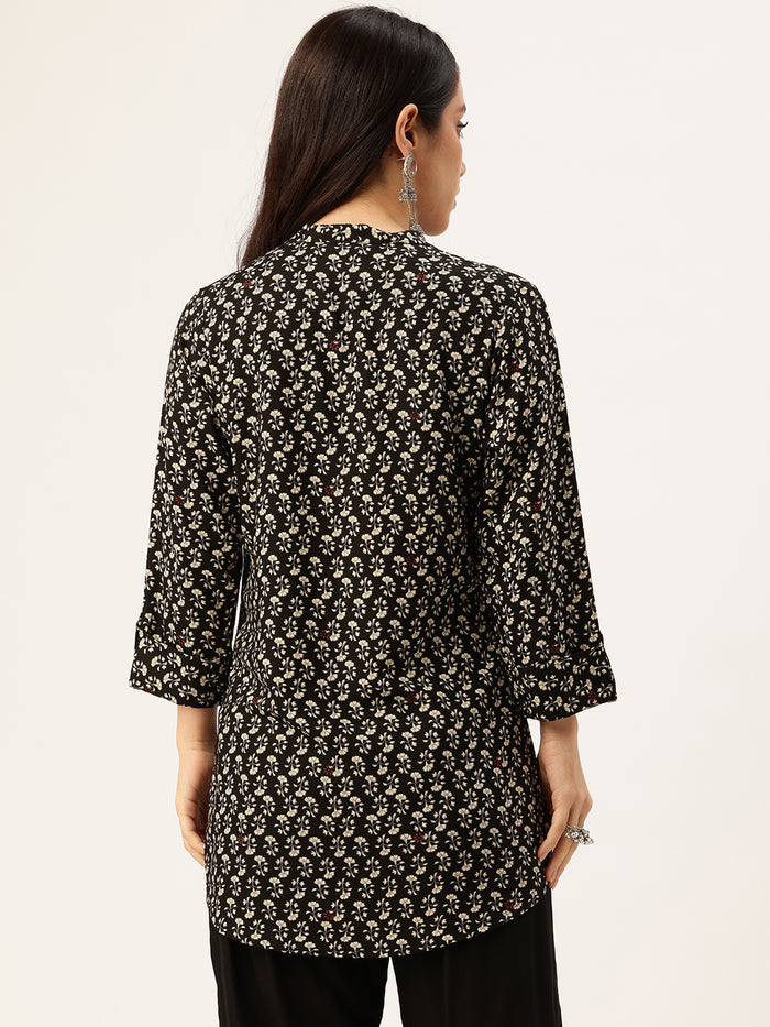 Black Floral Printed Mandarin Collar Tunic, Floral Printed Tunic, printed tunic, mandarin collar Tunic, casual wear Tunic, women’s tunic, Office Wear Tunic