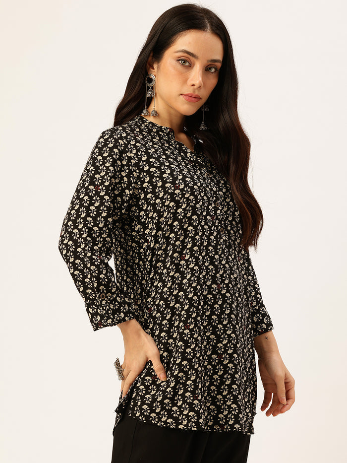 Black Floral Printed Mandarin Collar Tunic, Floral Printed Tunic, printed tunic, mandarin collar Tunic, casual wear Tunic, women’s tunic, Office Wear Tunic
