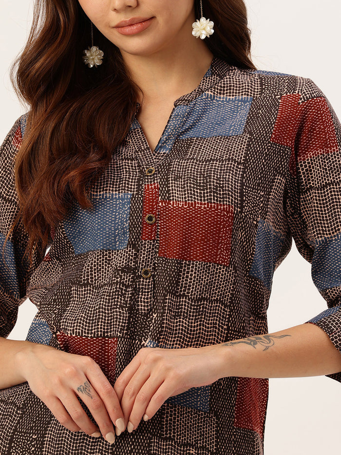 Black Geometric Printed Mandarin Collar Tunic, short kurta, printed short kurta