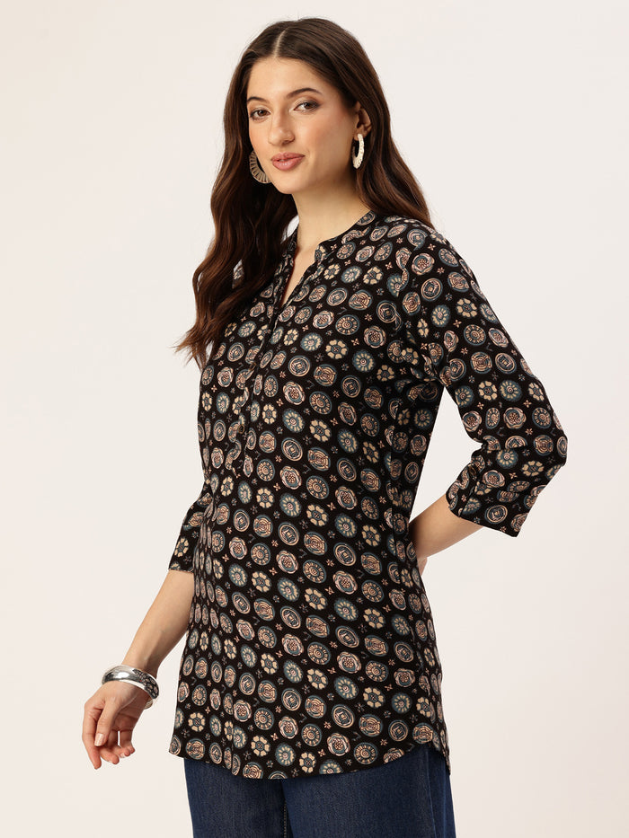 Black Geometric Printed Mandarin Collar Tunic, Short Top, Short Kurta, Ethnic Short Top, Black Band Collar, Printed short kurta