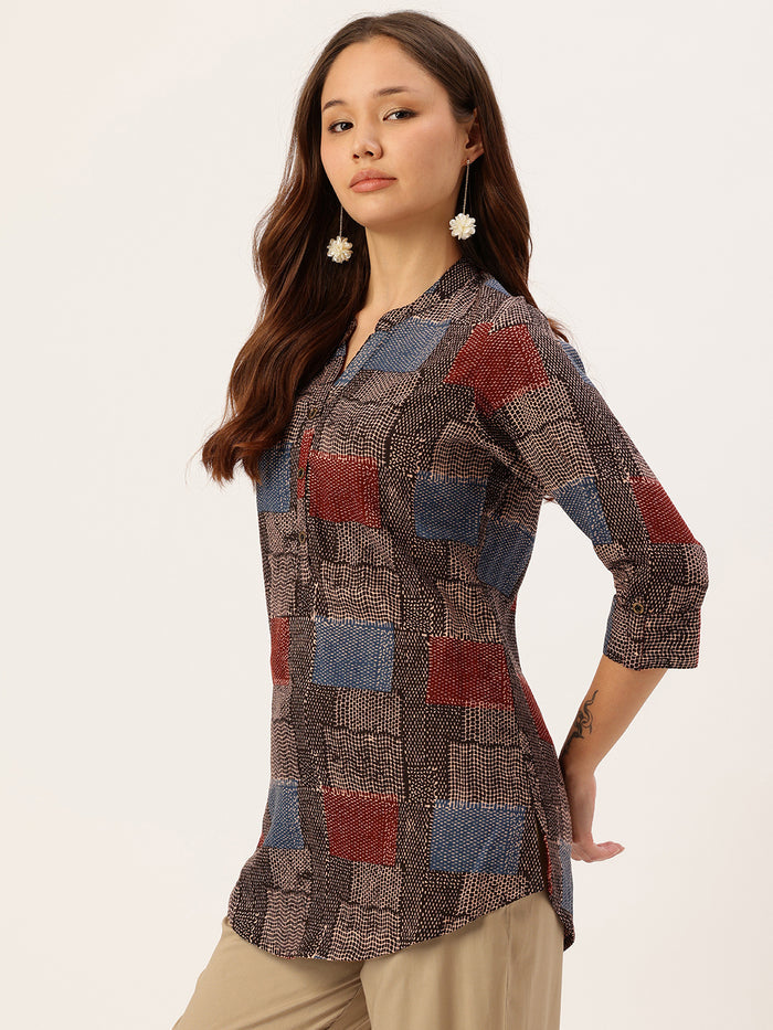 Black Geometric Printed Mandarin Collar Tunic, short kurta, printed short kurta