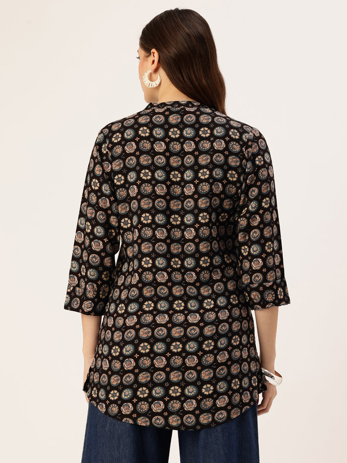 Black Geometric Printed Mandarin Collar Tunic, Short Top, Short Kurta, Ethnic Short Top, Black Band Collar, Printed short kurta