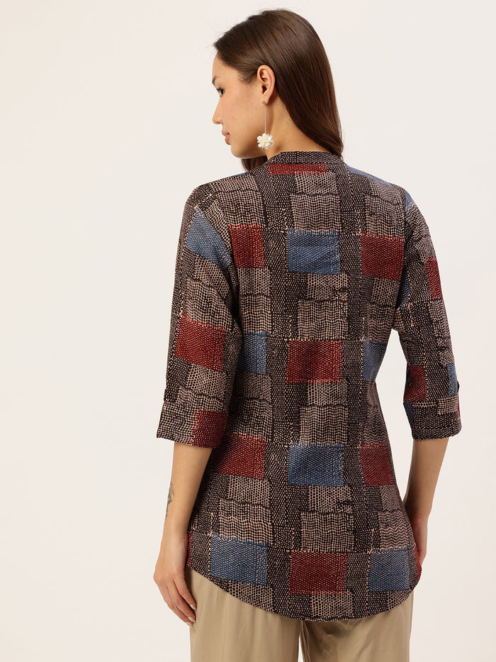 Black Geometric Printed Mandarin Collar Tunic, short kurta, printed short kurta