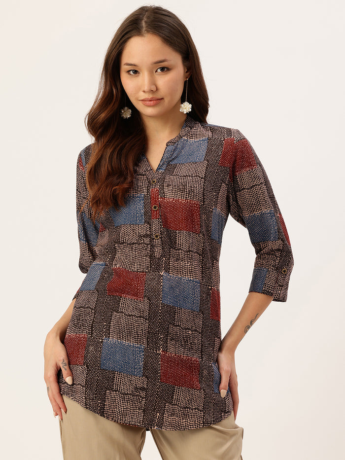Black Geometric Printed Mandarin Collar Tunic, short kurta, printed short kurta