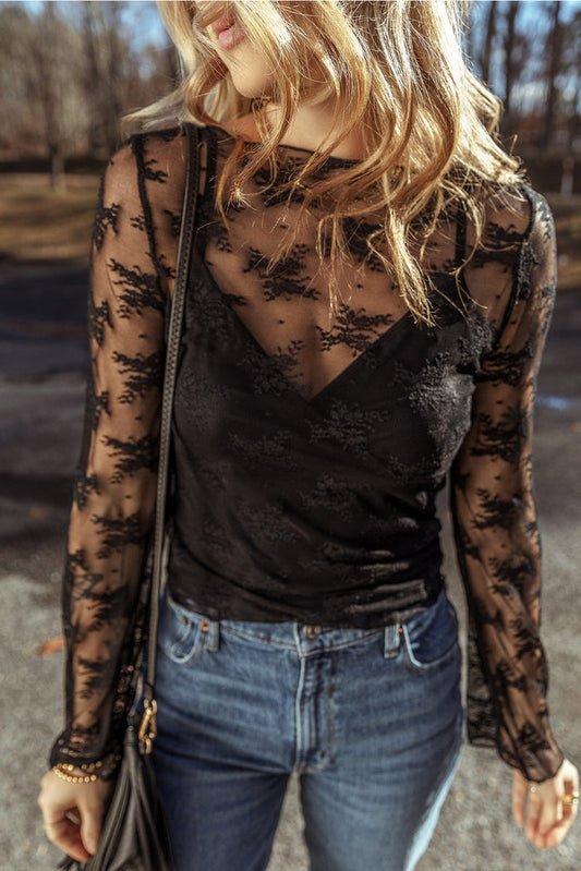 Black Lace Mesh Crochet Splicing Slim Fit Long Sleeve Blouse - BLACK / S / 90% POLYAMIDE + 10% ELASTANE - Tops/Blouses