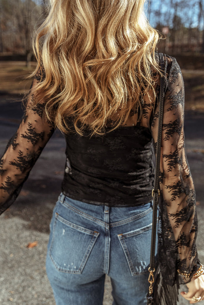 Black Lace Mesh Crochet Splicing Slim Fit Long Sleeve Blouse - Tops/Blouses & Shirts