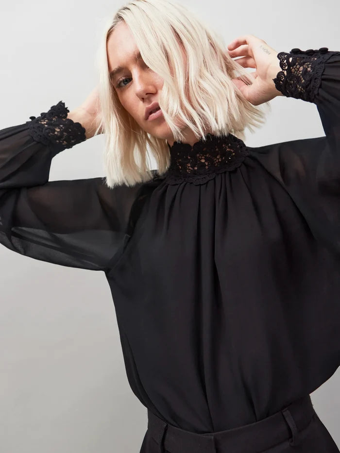 Black Lace Trim Bubble Hem Blouse