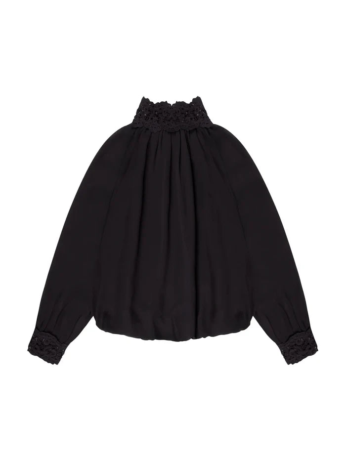 Black Lace Trim Bubble Hem Blouse