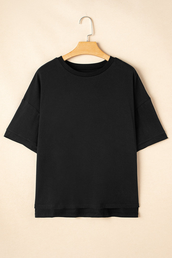 Black Loose Half Sleeve Hi Low Hem T Shirt - S / 95% Cotton + 5% Elastane - Tops/Tops & Tees